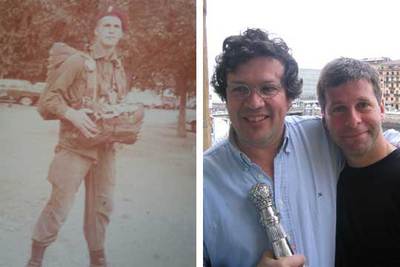 A la izquierda, Edgardo Esteban en Las Malvinas. A la derecha, Tristán Bauer, con el premio, y Esteban, en San Sebastián.