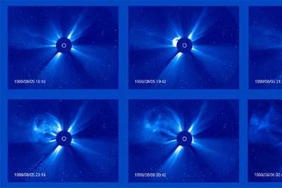 Progreso de una eyección de masa coronal durante ocho horas en 1999 observada por el coronógrafo LASCO de  Soho.  El disco oscuro tapa el Sol, representado por el círculo blanco, permitiendo observar las estructuras de la corona solar en luz visible.
