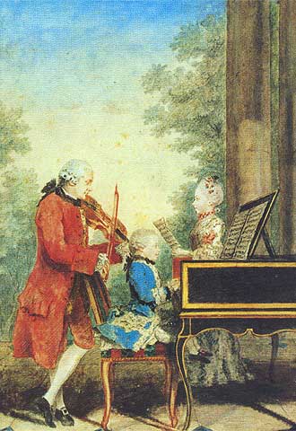  Mozart de niño con su padre y su madre  (1763-1764), de Louis Carrogis,  Carmontelle,  procedente del Museo Carnavalet de París.