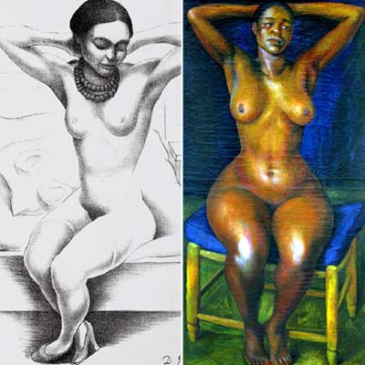 A la izquierda, litografía  Desnudo de Frida Kahlo ( 1930), en la que el artista retrata a la que fuera su tercera esposa y el gran amor de su vida. A la derecha,  Bailarina en reposo ( 1939), óleo en el que retrata desnuda a la bailarina cubano-norteamericana Model Boss, destacando la belleza exuberante de su cuerpo.