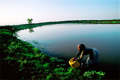 La familia Abraha tiene nueve hijos y vive en una aldea dernRaya. Como ha llovido, consumen agua de un estanque (abajo)rna unos 20 minutos de casa. Si hay sequía, son más de dos horas.