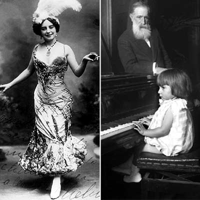 A la izquierda, retrato realizado en 1912 de la actriz, cantante y bailarina Consuelo Portella Audet,  La Chelito,  que popularizó la canción de  La pulga y  fue la reina del teatro  El Chantecler. A la derecha, el compositor Tomás Bretón, apoyado en el piano, en una foto de los años veinte.
