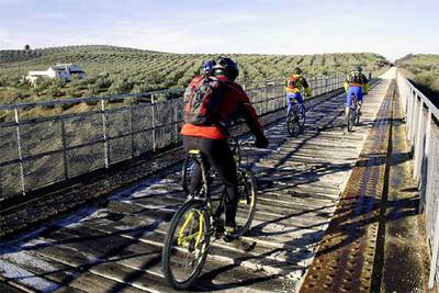 Ciclistas en la antigua vía del Tren del Aceite, en Jaén, hoy convertida en la vía verde del Aceite.