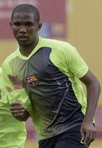 Eto'o, en el entrenamiento de ayer.