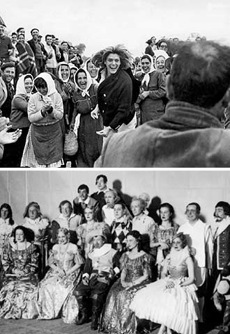  Abril  de 1965. Rodaje de  Las 10,30 de una noche de verano , en el que interviene la actriz griega Melina Mercouri (arriba), y Valencia, octubre de 1936. Jacinto Benavente (sentado en el centro) en una escena de  Los intereses creados  . 