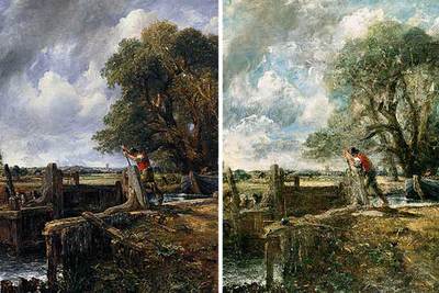  La esclusa  (1823-1824), de John Constable, a la izquierda (perteneciente al Thyssen), y boceto a la derecha , en la Tate. 