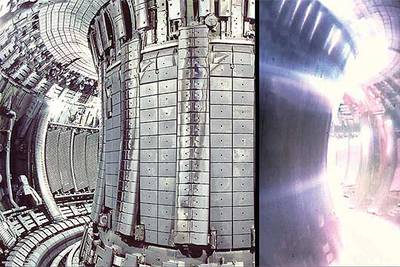 Vista del interior de la cámara toroidal del JET, con plasma (derecha) y sin plasma.
