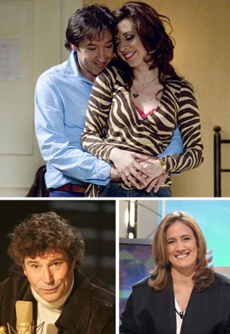 Arriba, escena de  Matrimonio con hijos  (Cuatro). Abajo, Jesús Quintero (TVE) y Cristina Jiménez (Antena 3).