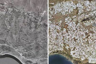 Fotografías de la comarca semidesértica del Campo de Dalías (El Ejido, Almería) obtenidas en 1956 y 2004, en las que se observa el espectacular desarrollo de los cultivos bajo plástico.