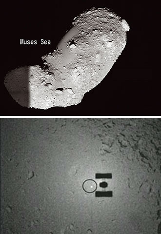 Fotografía del Itokawa tomada por la  Hayabusa  (arriba) e imagen parcial del suelo, con el punto de descenso sobremarcado y la sombra de la nave.