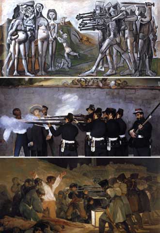 De arriba abajo: 'Masacre en Corea' (1951), de Picasso; 'La ejecución del emperador' (1868-1869), de Manet, y 'El 3 de mayo de 1808 en Madrid. Los fusilamientos en la montaña de Príncipe Pío' (1814), de Goya.