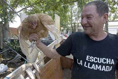 Un hombre en una pequeña explotación avícola cercana al humedal alavés de Salburua.