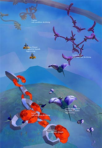 Ecosystem,  de John Klima, convierte los títulos financieros en una especie de pajaritos que vuelan según fluctúa el valor de la acción.rn On translation: the bank,  de Antoni Muntadas, critica los movimientos monetarios, la pérdida de valor por el cambio y las comisiones de las entidades bancarias.