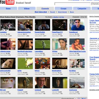 Página de acceso a las distintas secciones del portal de Youtube.