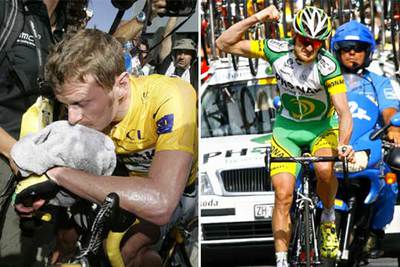 A la izquierda, Landis se seca el sudor al final de la etapa del pasado miércoles. Veinticuatro horas después, alza el brazo tras el triunfo de su escapada. rn REUTERS