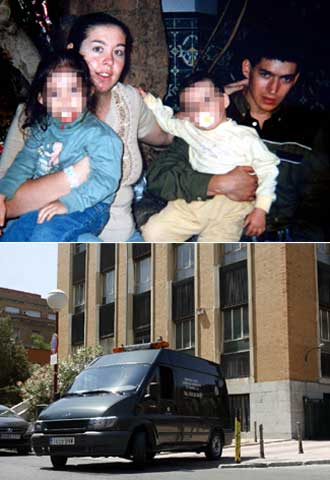 Arriba, foto familiar de Vanessa junto a sus dos hijos y el marido. Abajo, traslado ayer del cuerpo de la víctima del Instituto Anatómico Forense al Tanatorio Sur de Madrid. rn EFE