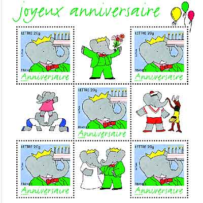 Plancha con los sellos del aniversario de Babar.