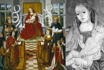 'La virgen de los Reyes Católicos' (1490-1493), anónimo castellano, y detalle del dibujo subyacente de la virgen y el niño que revela que en un primer momento el niño dormía con la cabeza hacia abajo.