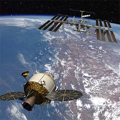 Representación de una nave Orión que se acerca a la Estación Espacial.