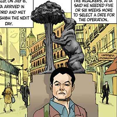 Imágen de  9 11 Report (El informe del 11-S: Una adaptación gráfica), de Sid Jacobson y Ernie Colón, publicado por la editorial Hill and Wang. La imagen representa a Mohamed Atta en la Puerta del Sol de Madrid.