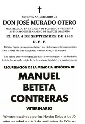Esquelas en memoria de fallecidos del bando nacional publicadas en   El Mundo  (las dos primeras) y  Abc   (a la derecha) .
