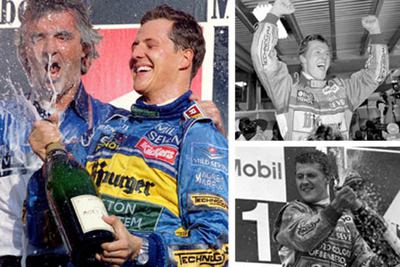 A la izquierda, Schumacher celebra con Briatore una victoria. Arriba, tras ganar el Mundial de 1994. Debajo, después de vencer en Jerez.