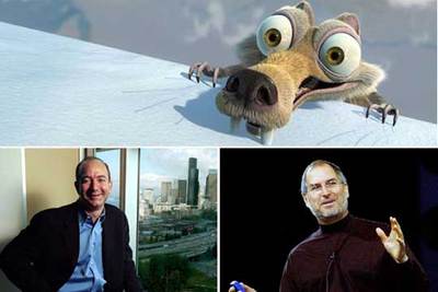 Arriba, un fotograma de  Ice Age.  Abajo, Jeff Bezos, fundador de Amazon (a la izquierda), y Steve Jobs, presidente de Apple.