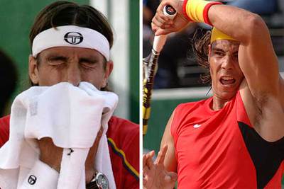 A la izquierda, Robredo se lamenta en un descanso. A la derecha, Nadal golpea la bola.