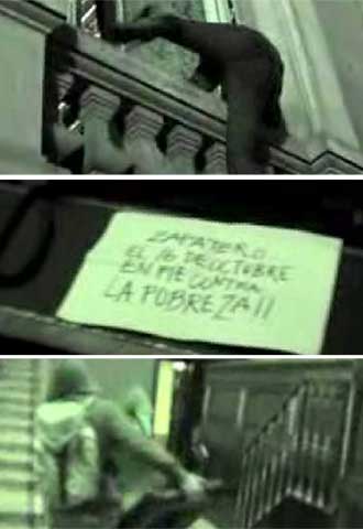 LA 'ACCIÓN' DE LOS CUATRO GATOS EN EL CONGRESO. Las imágenes muestran tres momentos de la supuesta incursión de los jóvenes en el Congreso, el documento que dejaron en el escaño y el momento en el que roban la silla de Zapatero en el hemiciclo.