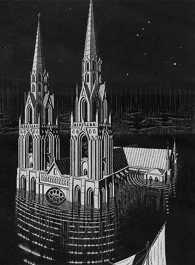 Arriba, la  Catedral sumergida , dibujo de M. C. Escher.