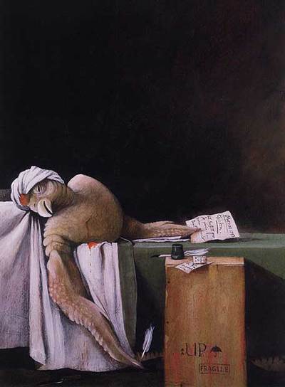 'Pollo', pintado por Svjetlan Junakovic, inspirado en  'La muerte de Marat' de David, que ilustra el 'Gran libro de los retratos de animales'. 