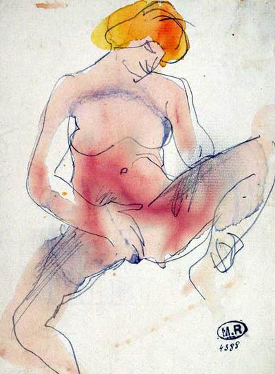  Femme nue assise aux jambes écartées, une main au sexe,   dibujo a lápiz y  acuarela (hacia 1890).