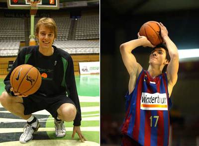 Norel,  pívot  holandés del DKV Joventut. A la derecha, Djedovic, escolta bosnio del Barcelona.