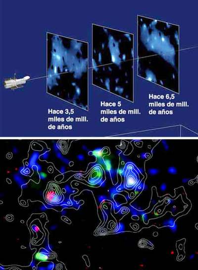Observaciones del   Hubble   y mapa tridimensional de la materia oscura (arriba), y corte con la materia visible y la oscura superpuestas.rn  NASA  ESA