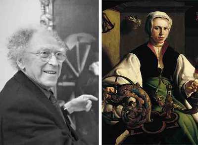 Avigdor Arikha, delante de 'Santa Catalina de Alejandría' (1597), de Caravaggio, y a la derecha 'Retrato de una dama hilando' (1531), de Maerten van Heemskerck.