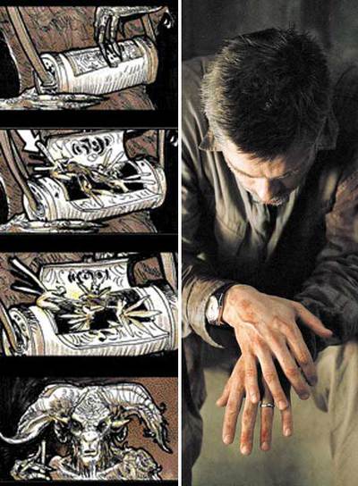 A la izquierda, Brad Pitt, en  Babel . A la derecha, secuencia de dibujos de Guillermo del Toro para  El laberinto del fauno .