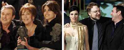 A la izquierda, Carmen Maura, entre Juan Diego y Penélope Cruz. A la derecha, Guillermo del Toro, entre Maribel Verdú y Sergi López. rn CLAUDIO ÁLVAREZ