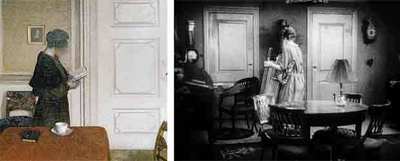 A la izquierda, 'Mujer leyendo' (1908), óleo de Vilhelm Hammershoi. A la derecha, un fotograma de 'El amo de la casa' (1925), de Carl Theodor Dreyer.