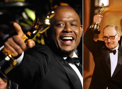 Forest Whitaker, que recibió el Oscar al mejor actor por  El último rey de Escocia.  A la derecha, Ennio Morricone, Oscar honorífico.