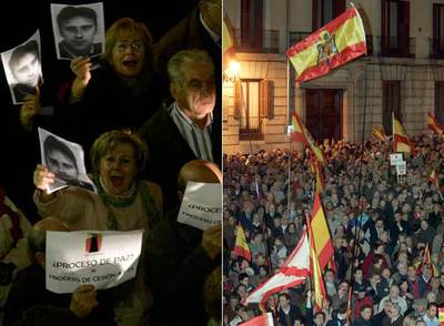A la izquierda, varias personas protestan en la manifestación de Madrid. A la derecha, banderas de España, una de ellas preconstitucional, en la plaza de la Villa de Madrid.