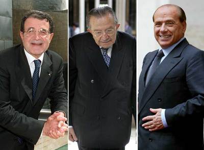 Desde la izquierda: Romano Prodi, presidente del Gobierno, 67 años; Giulio Andreotti, senador vitalicio, 88, y Silvio Berlusconi, líder de la oposición, 70. rn TEJEDERAS