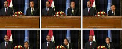 Una serie de imágenes de vídeo muestra la reacción de Ban Ki-moon (derecha) y Nuri al Maliki tras producirse una explosión durante su rueda de prensa.