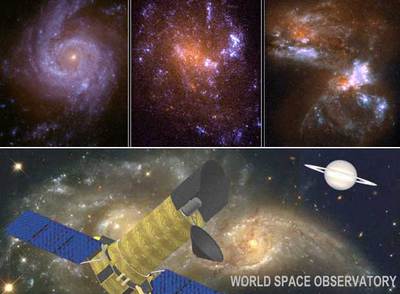 Imágenes del centro de una galaxia, de un conjunto estelar joven y del choque de dos galaxias (arriba, de izquierda a derecha), tomadas en ultravioleta por el telescopio  Hubble  en 2000. Ilustración del WSO, abajo.