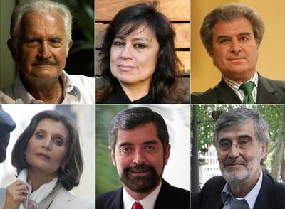 De izquierda a derecha y de arriba abajo: Carlos Fuentes (escritor), Laura Restrepo (escritora), César Antonio Molina (director del Instituto Cervantes), Ángeles Mastretta (escritora), Juan Ramón de la Fuente (rector de la Universidad Autónoma de México) y Juan Miguel Hernández (presidente del Círculo de Bellas Artes de Madrid).