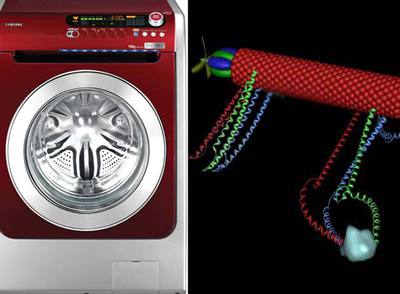 Lavadora comercializada por Samsung, con tecnología de nanopartículas para esterilizar la ropa (izquierda), y estructura de un  nanorrobot  basado en proteínas, diseñado por Bio-Nano Robotics (EE UU).
