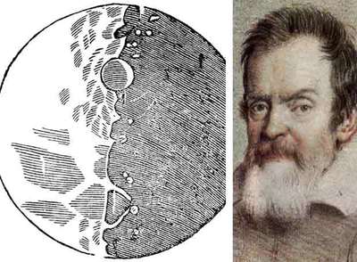 Arriba, primera acuarela lunar de Galileo y retrato del científico; abajo, portada del  Sidereus N uncius.