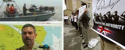 Arriba, imagen de la captura de los militares británicos, el pasado viernes. Abajo, un oficial iraní muestra a las cámaras la zona de la detención. Derecha, protesta de estudiantes iraníes.rn  AP