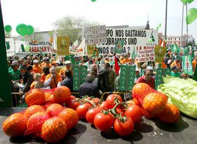 Miles de agricultores, en la protesta de ayer en Madrid contra la caída de precios en el campo.
