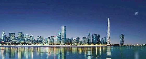 Montaje de cómo será el perfil de rascacielos de Chicago, con la torre  Spire  a la derecha