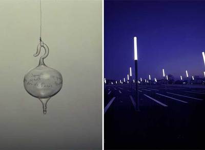 A la izquierda, frasco  Airs de Paris,  de Marcel Duchamp. A la derecha, exterior del aparcamiento realizado por Zaha Hadid a las afueras de Estrasburgo en 2001.